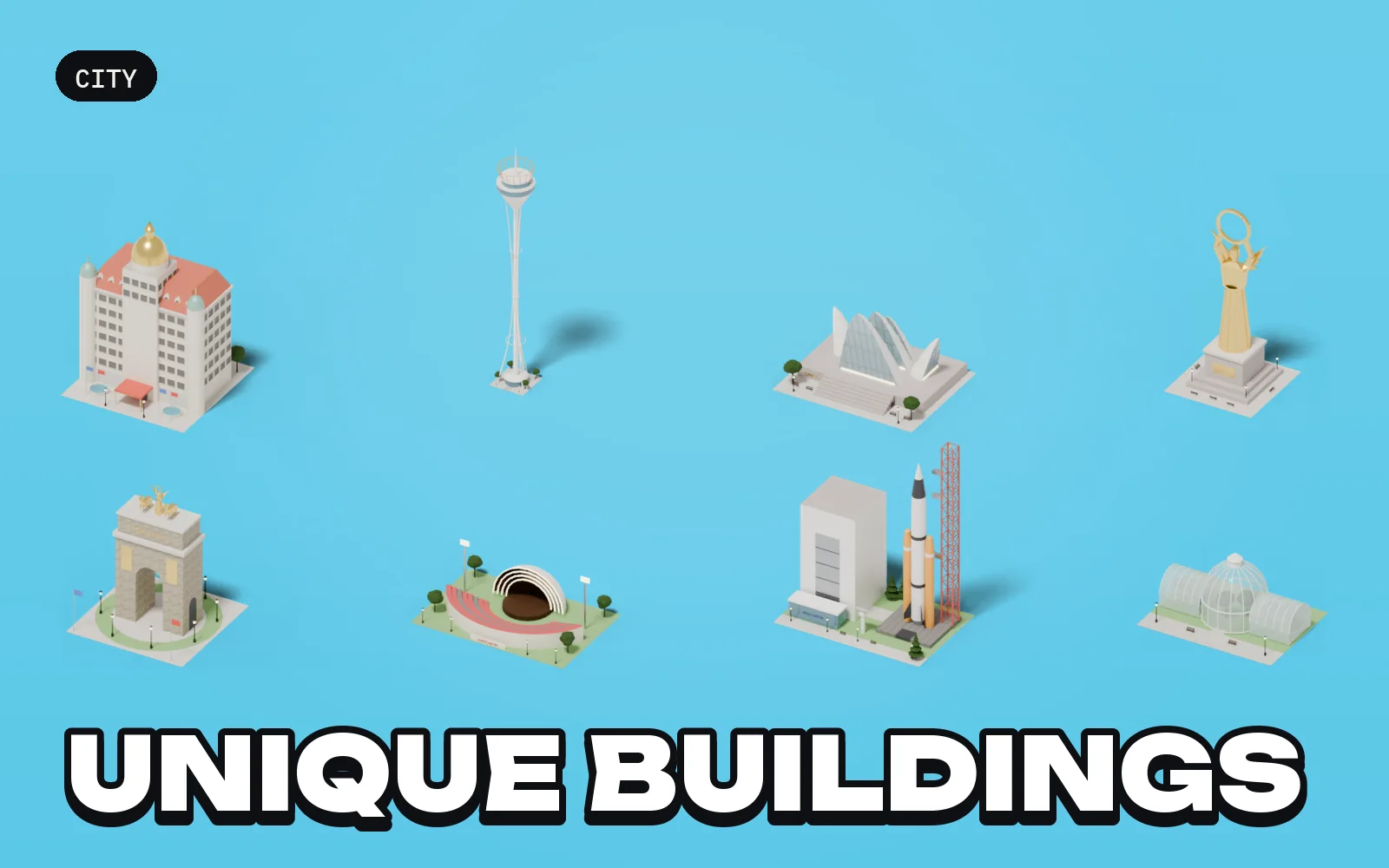 City: Unique Buildings: a selection of the pack's models