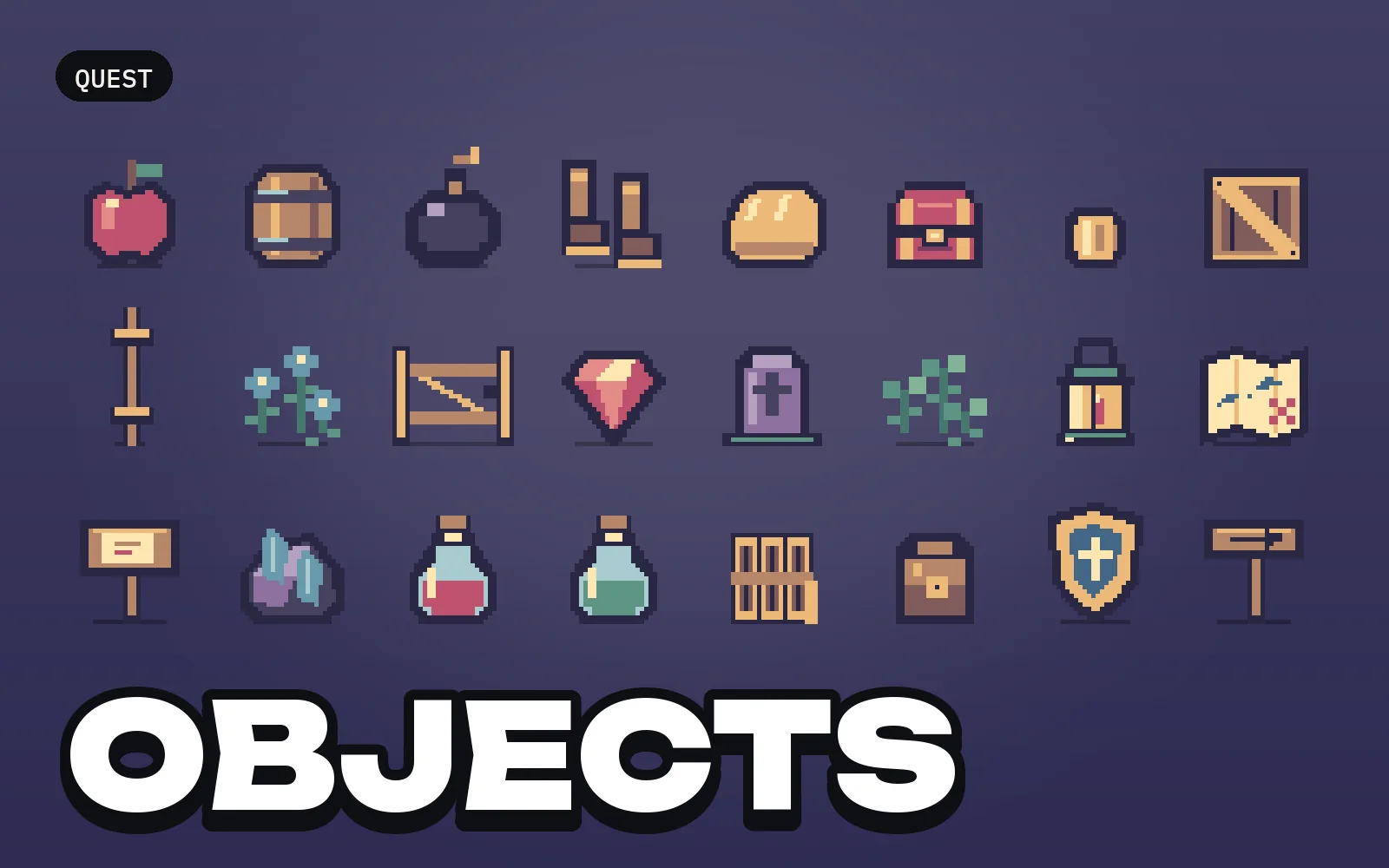 Quest: Objects: a selection of the pack's sprites